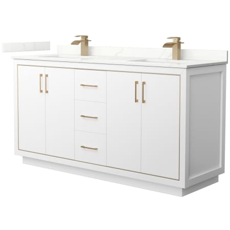 A large image of the Wyndham Collection WCF111166D-QTZ-UNSMXX White / Giotto Quartz Top / Satin Bronze Hardware