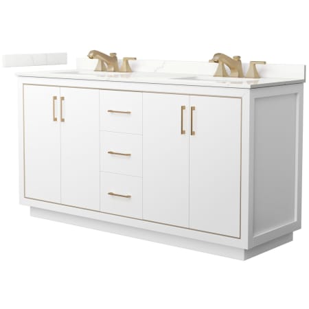 A large image of the Wyndham Collection WCF111166D-QTZ-US3MXX White / Giotto Quartz Top / Satin Bronze Hardware