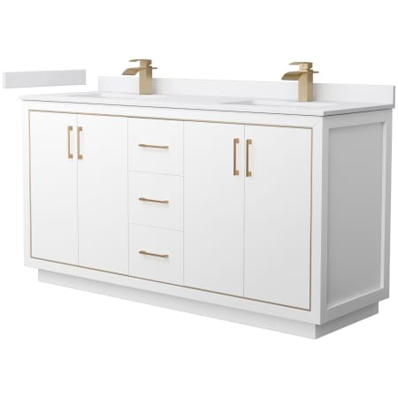 A large image of the Wyndham Collection WCF1111-66D-VCA-MXX White / White Cultured Marble Top / Satin Bronze Hardware