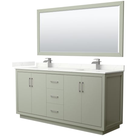 A large image of the Wyndham Collection WCF111172D-QTZ-UNSM70 Light Green / Giotto Quartz Top / Brushed Nickel Hardware