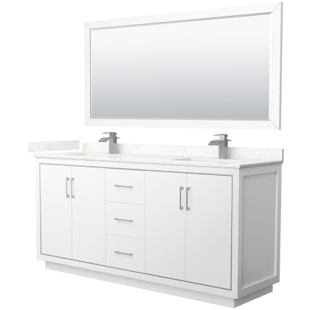 A large image of the Wyndham Collection WCF111172D-QTZ-UNSM70 White / Giotto Quartz Top / Brushed Nickel Hardware
