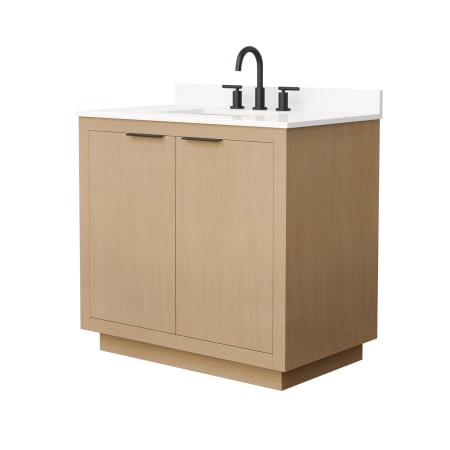 A large image of the Wyndham Collection WCF282836S-QTZ-US3MXX Light Straw / White Quartz Top / Matte Black Hardware