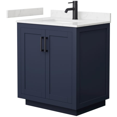 A large image of the Wyndham Collection WCF2929-30S-VCA-MXX Dark Blue / Carrara Cultured Marble Top / Matte Black Hardware