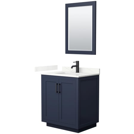 A large image of the Wyndham Collection WCF292930S-QTZ-UNSM24 Dark Blue / Giotto Quartz Top / Matte Black Hardware