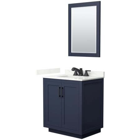 A large image of the Wyndham Collection WCF292930S-QTZ-US3M24 Dark Blue / Giotto Quartz Top / Matte Black Hardware