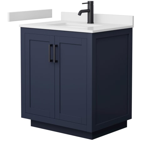 A large image of the Wyndham Collection WCF2929-30S-VCA-MXX Dark Blue / White Cultured Marble Top / Matte Black Hardware