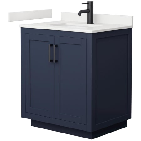 A large image of the Wyndham Collection WCF292930S-QTZ-UNSMXX Dark Blue / White Quartz Top / Matte Black Hardware