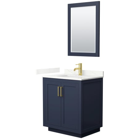 A large image of the Wyndham Collection WCF292930S-QTZ-UNSM24 Dark Blue / Giotto Quartz Top / Brushed Gold Hardware