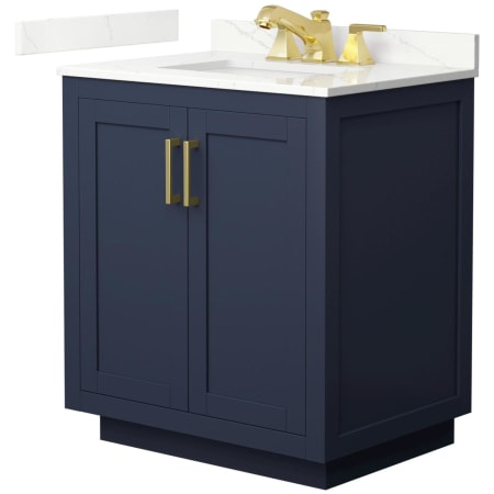 A large image of the Wyndham Collection WCF292930S-QTZ-US3MXX Dark Blue / Giotto Quartz Top / Brushed Gold Hardware