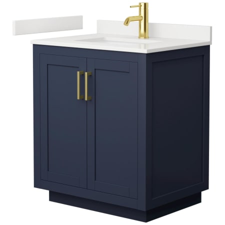 A large image of the Wyndham Collection WCF292930S-QTZ-UNSMXX Dark Blue / White Quartz Top / Brushed Gold Hardware