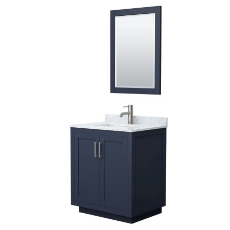A large image of the Wyndham Collection WCF2929-30S-NAT-M24 Dark Blue / White Carrara Marble Top / Brushed Nickel Hardware