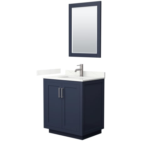 A large image of the Wyndham Collection WCF292930S-QTZ-UNSM24 Dark Blue / Giotto Quartz Top / Brushed Nickel Hardware