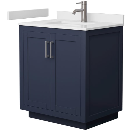 A large image of the Wyndham Collection WCF2929-30S-VCA-MXX Dark Blue / White Cultured Marble Top / Brushed Nickel Hardware