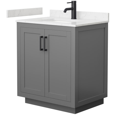 A large image of the Wyndham Collection WCF2929-30S-VCA-MXX Dark Gray / Carrara Cultured Marble Top / Matte Black Hardware