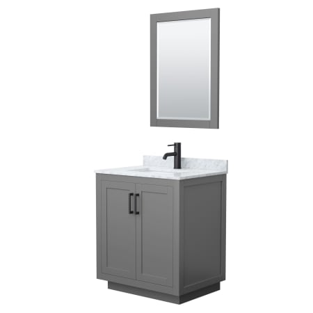 A large image of the Wyndham Collection WCF2929-30S-NAT-M24 Dark Gray / White Carrara Marble Top / Matte Black Hardware