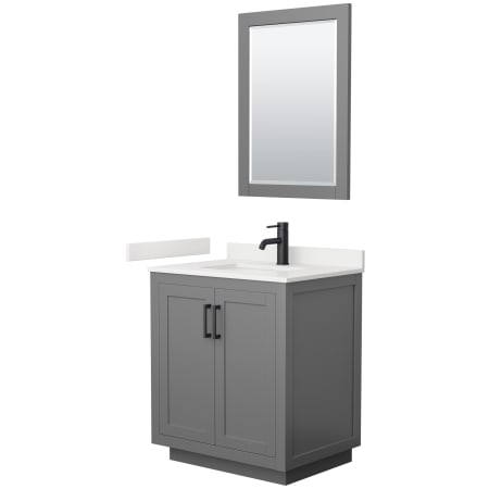 A large image of the Wyndham Collection WCF292930S-QTZ-UNSM24 Dark Gray / White Quartz Top / Matte Black Hardware