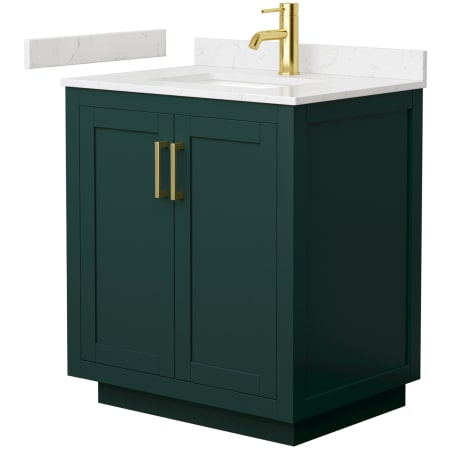 A large image of the Wyndham Collection WCF2929-30S-VCA-MXX Green / Carrara Cultured Marble Top / Brushed Gold Hardware