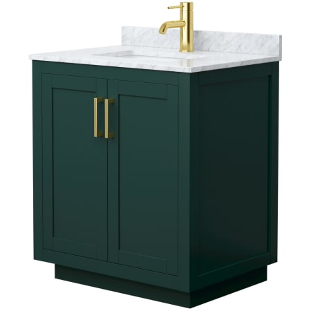 A large image of the Wyndham Collection WCF2929-30S-NAT-MXX Green / White Carrara Marble Top / Brushed Gold Hardware