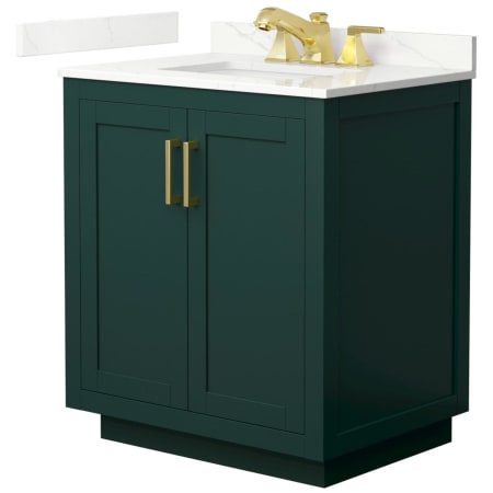 A large image of the Wyndham Collection WCF292930S-QTZ-US3MXX Green / Giotto Quartz Top / Brushed Gold Hardware