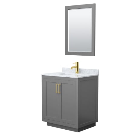 A large image of the Wyndham Collection WCF2929-30S-NAT-M24 Dark Gray / White Carrara Marble Top / Brushed Gold Hardware