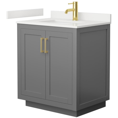 A large image of the Wyndham Collection WCF292930S-QTZ-UNSMXX Dark Gray / White Quartz Top / Brushed Gold Hardware