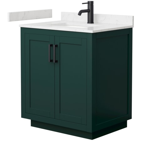 A large image of the Wyndham Collection WCF2929-30S-VCA-MXX Green / Carrara Cultured Marble Top / Matte Black Hardware