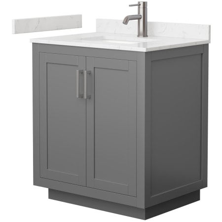 A large image of the Wyndham Collection WCF2929-30S-VCA-MXX Dark Gray / Carrara Cultured Marble Top / Brushed Nickel Hardware