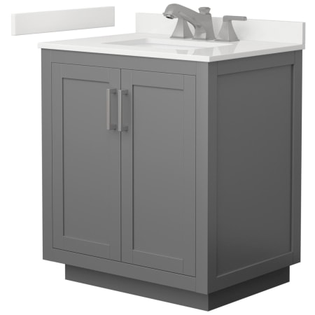 A large image of the Wyndham Collection WCF292930S-QTZ-US3MXX Dark Gray / White Quartz Top / Brushed Nickel Hardware