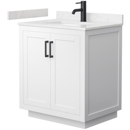 A large image of the Wyndham Collection WCF2929-30S-VCA-MXX White / Carrara Cultured Marble Top / Matte Black Hardware