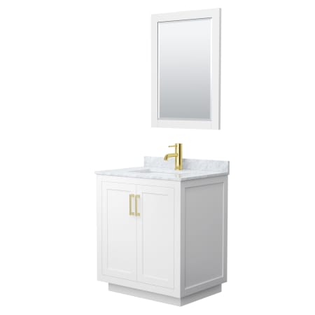 A large image of the Wyndham Collection WCF2929-30S-NAT-M24 White / White Carrara Marble Top / Brushed Gold Hardware