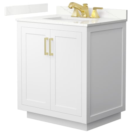 A large image of the Wyndham Collection WCF292930S-QTZ-US3MXX White / Giotto Quartz Top / Brushed Gold Hardware