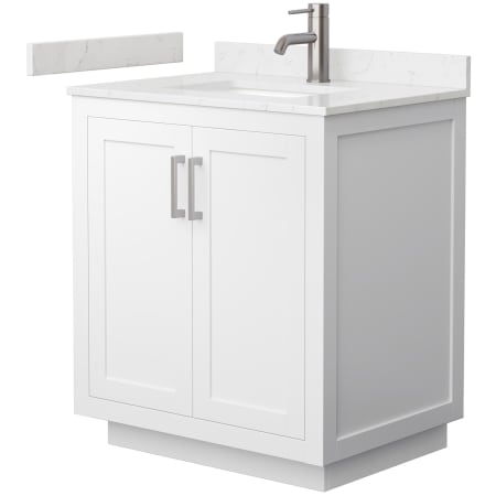 A large image of the Wyndham Collection WCF2929-30S-VCA-MXX White / Carrara Cultured Marble Top / Brushed Nickel Hardware