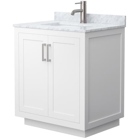 A large image of the Wyndham Collection WCF2929-30S-NAT-MXX White / White Carrara Marble Top / Brushed Nickel Hardware