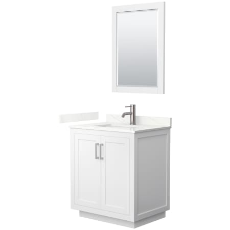 A large image of the Wyndham Collection WCF292930S-QTZ-UNSM24 White / Giotto Quartz Top / Brushed Nickel Hardware