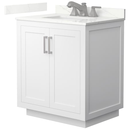 A large image of the Wyndham Collection WCF292930S-QTZ-US3MXX White / Giotto Quartz Top / Brushed Nickel Hardware