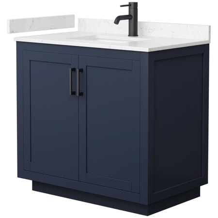 A large image of the Wyndham Collection WCF2929-36S-VCA-MXX Dark Blue / Carrara Cultured Marble Top / Matte Black Hardware