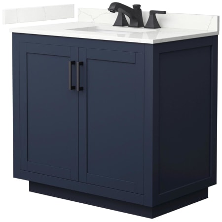 A large image of the Wyndham Collection WCF292936S-QTZ-US3MXX Dark Blue / Giotto Quartz Top / Matte Black Hardware