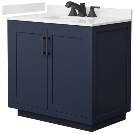 A large image of the Wyndham Collection WCF292936S-QTZ-US3MXX Dark Blue / White Quartz Top / Matte Black Hardware