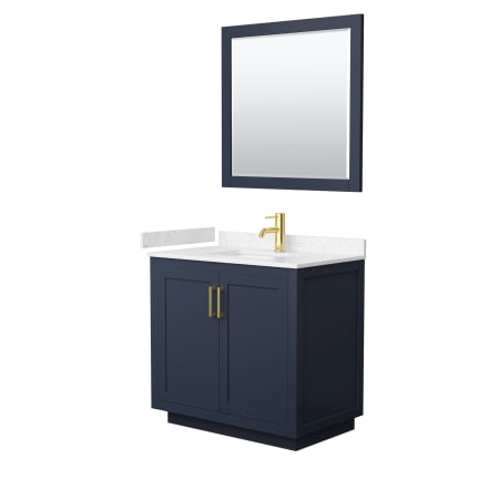 A large image of the Wyndham Collection WCF2929-36S-VCA-M34 Dark Blue / Carrara Cultured Marble Top / Brushed Gold Hardware