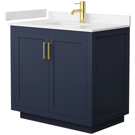 A large image of the Wyndham Collection WCF2929-36S-VCA-MXX Dark Blue / Carrara Cultured Marble Top / Brushed Gold Hardware