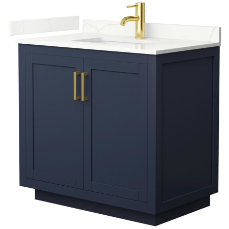 A large image of the Wyndham Collection WCF292936S-QTZ-UNSMXX Dark Blue / Giotto Quartz Top / Brushed Gold Hardware