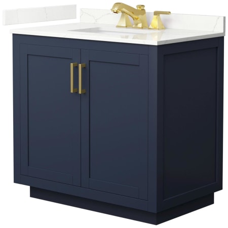 A large image of the Wyndham Collection WCF292936S-QTZ-US3MXX Dark Blue / Giotto Quartz Top / Brushed Gold Hardware