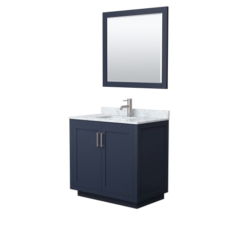 A large image of the Wyndham Collection WCF2929-36S-NAT-M34 Dark Blue / White Carrara Marble Top / Brushed Nickel Hardware