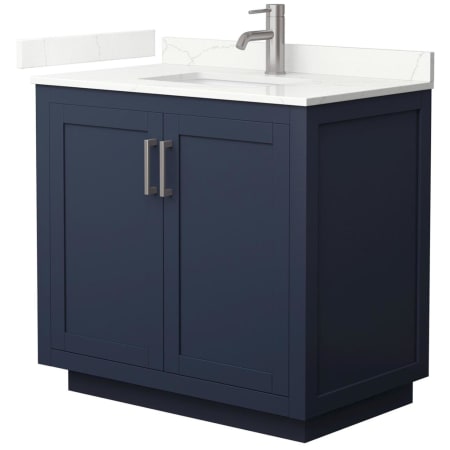 A large image of the Wyndham Collection WCF292936S-QTZ-UNSMXX Dark Blue / Giotto Quartz Top / Brushed Nickel Hardware