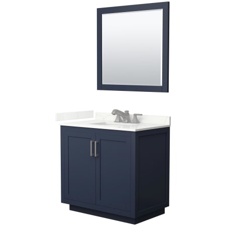 A large image of the Wyndham Collection WCF292936S-QTZ-US3M34 Dark Blue / Giotto Quartz Top / Brushed Nickel Hardware