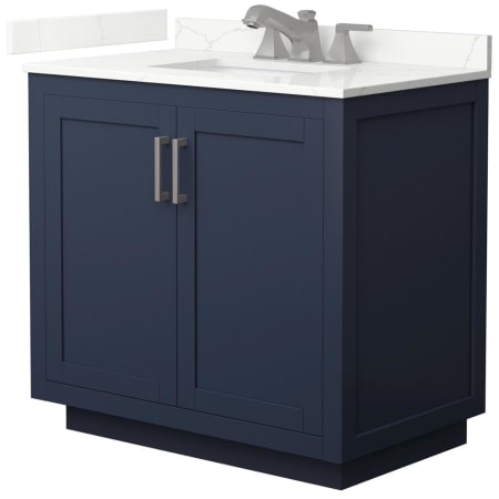 A large image of the Wyndham Collection WCF292936S-QTZ-US3MXX Dark Blue / Giotto Quartz Top / Brushed Nickel Hardware