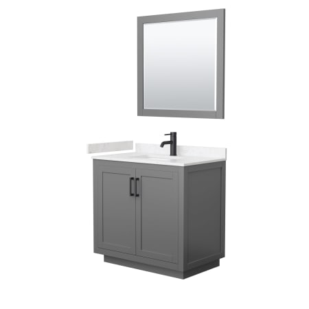 A large image of the Wyndham Collection WCF2929-36S-VCA-M34 Dark Gray / Carrara Cultured Marble Top / Matte Black Hardware