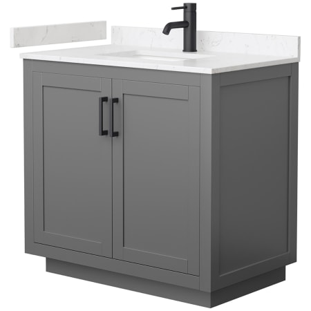 A large image of the Wyndham Collection WCF2929-36S-VCA-MXX Dark Gray / Carrara Cultured Marble Top / Matte Black Hardware