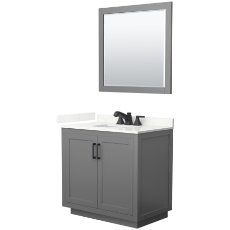 A large image of the Wyndham Collection WCF292936S-QTZ-US3M34 Dark Gray / Giotto Quartz Top / Matte Black Hardware