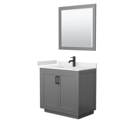 A large image of the Wyndham Collection WCF2929-36S-VCA-M34 Dark Gray / White Cultured Marble Top / Matte Black Hardware